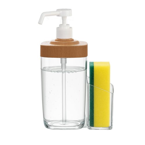 Kitchen Soap Dispenser with Sponge Holder, 800ml Large Capacity Dish Soap Dispenser Caddy, Shatterproof & Rustproof Sink Organizer with Extended Tube, Removable Caddy - Free Funnel Included-Wood Grain