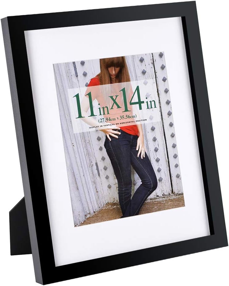 RPJC 11x14 Inch Picture Frame - Solid Wood & High Definition Glass | Displays 8x10 with Mat or 11x14 Without Mat, Black