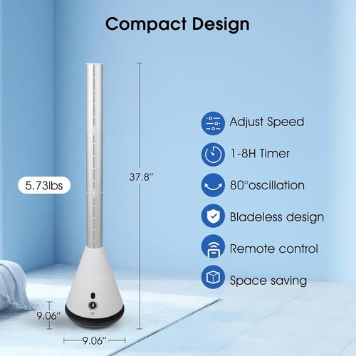 Bladeless Tower Fan - 80° Oscillating Air Circulator with Remote | 9 Speeds & 8H Timer for Home & Office
