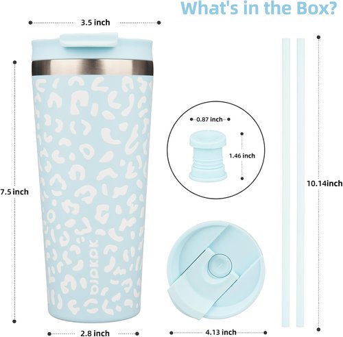 BJPKPK 22oz Insulated Stainless Steel Travel Coffee Mug - Light Blue Leopard Design