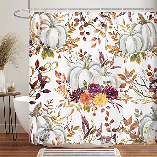 Boho Fall Pumpkin Shower Curtain, Rustic Floral Farmhouse Bath Decor 70x70