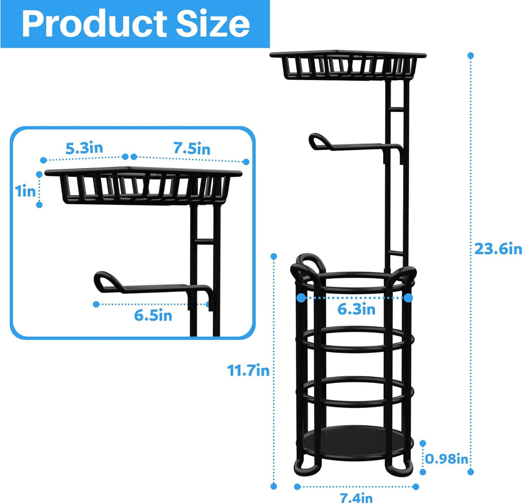 Skiennix Toilet Paper Holder Stand - Free Standing Tissue Roll Storage Rack with Shelf | Black Finish