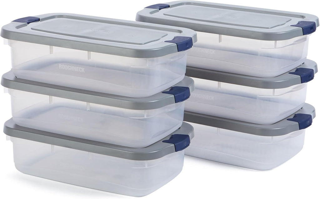 Rubbermaid Roughneck 31 Qt Storage Containers - Pack of 6 with Snap-Fit Grey Lids | Sturdy & Stackable