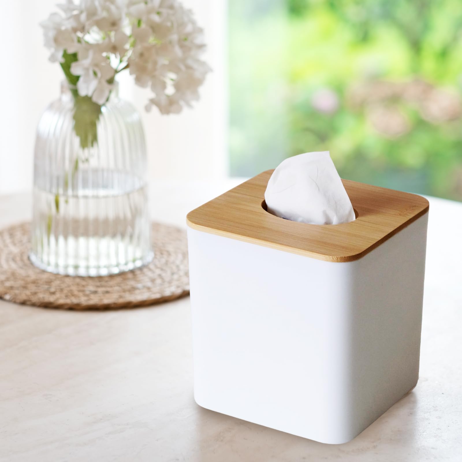 Tissue Box Cover Square, White Tissue Box Holder with Bamboo Cover Plate, Cube Tissue Box Cover for Desk Accessories, Tissue Holders Decorative Square Tissue Box Tissue Holders for Bathrooms Bedrooms