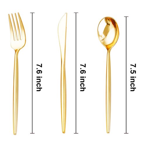 SUT 300 Pcs Gold Plastic Cutlery, Gold Utensils Disposable, Gold Plastic Silverware Set Include 100 Gold Plastic Forks, 100 Gold Plastic Spoons, 100 Gold Plastic Knives Heavy Duty Flatware for Party