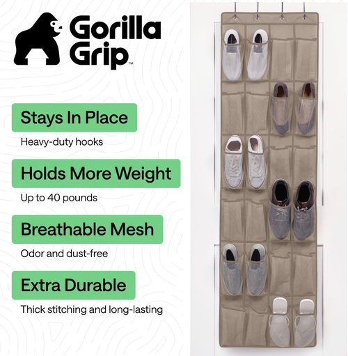 GORILLA GRIP Over The Door Shoe Organizer - 24 Large Breathable Mesh Pockets | Space-Saving Storage in Beige