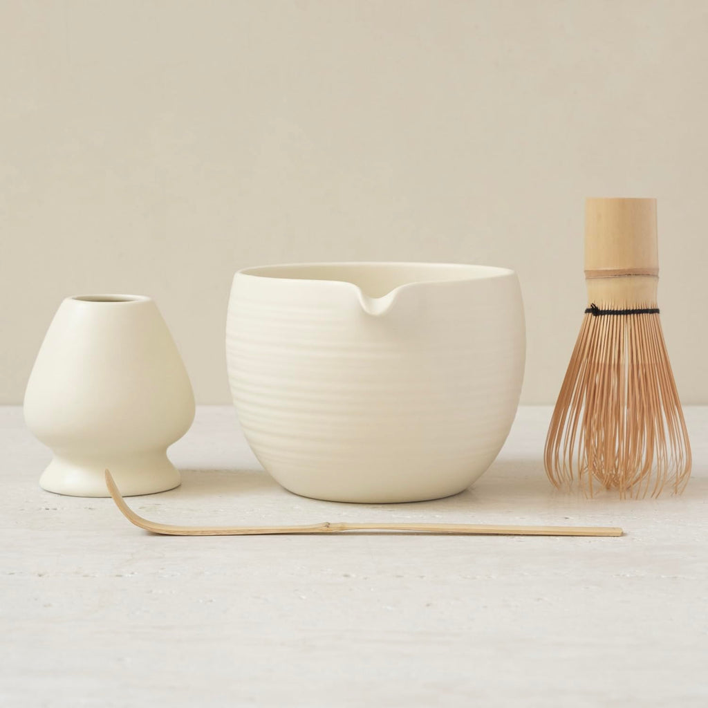 Matcha Whisk Set, Ceramic Matcha Bowl & Whisk Holder, Bamboo Accessory, Modern Design (Matte Crème, Pouring Spout) (Matte Crème)