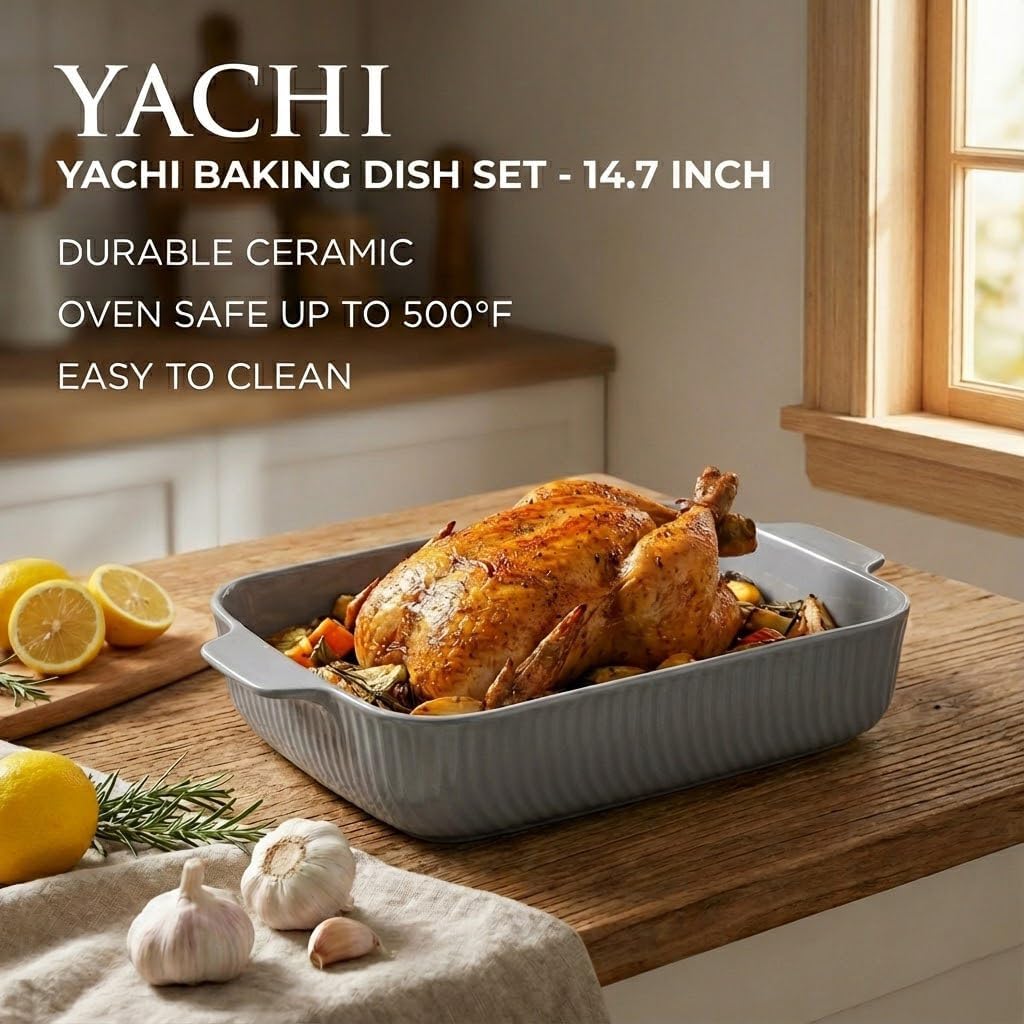 Yachi Ceramic Casserole Dishes Set - 3-Piece Rectangular Bakeware with Handles | Microwave & Dishwasher Safe, Gray (14.8''/12.7''/9.8'')