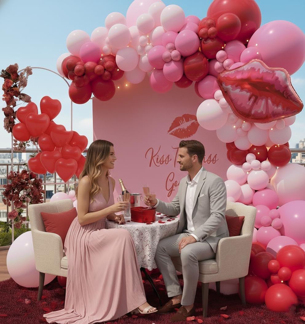 PTGOLUO 153pcs Valentines Day Balloons Garland Arch Kit, Pink Red Rose Red Heart Balloons Lips Balloon 30'' 24" 10" 5" for Galentine's Day Birthday Wedding Anniversary Engagement Party Decor