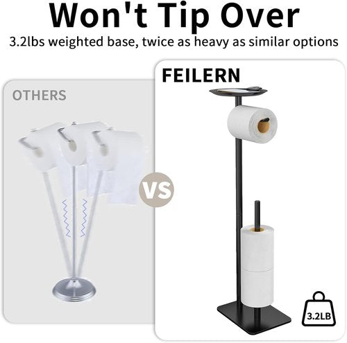 Feilern Toilet Paper Holder Stand - Floor Standing Dispenser with Top Shelf Storage - Black