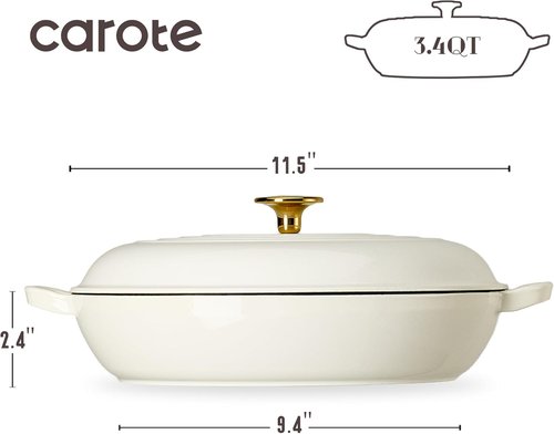 CAROTE Enameled Cast Iron Braiser Pan - 3.4QT Shallow Dutch Oven with Lid for Grilling & Baking | Non-Toxic White