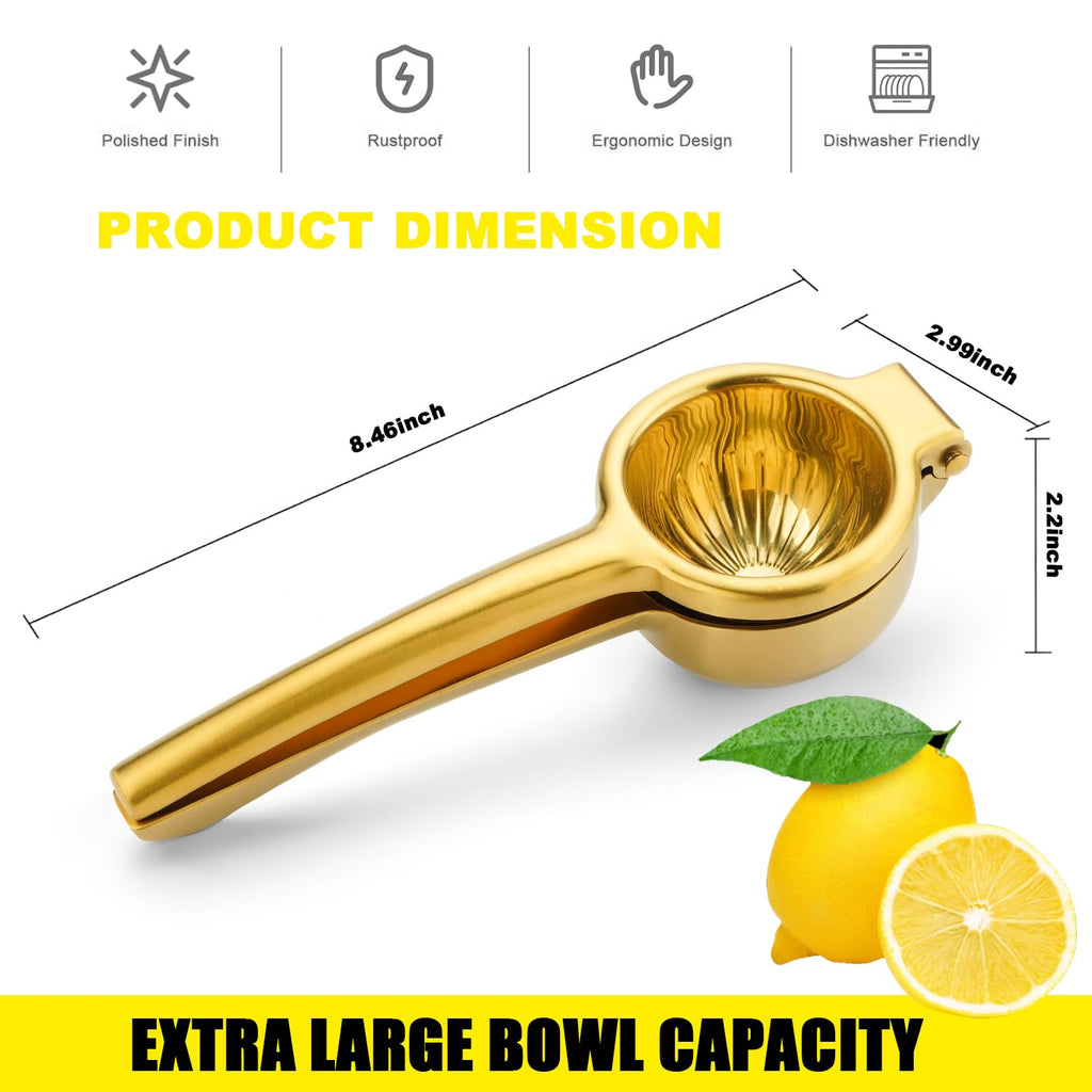 SHIKORI Lemon Squeezer, Large Heavy Duty Handhelp Juicer for Lemon, Stainless Steel Hand Press Citrus Juicer, Lime Squeezer Bar Tool, Manual Citrus Press (Gold)
