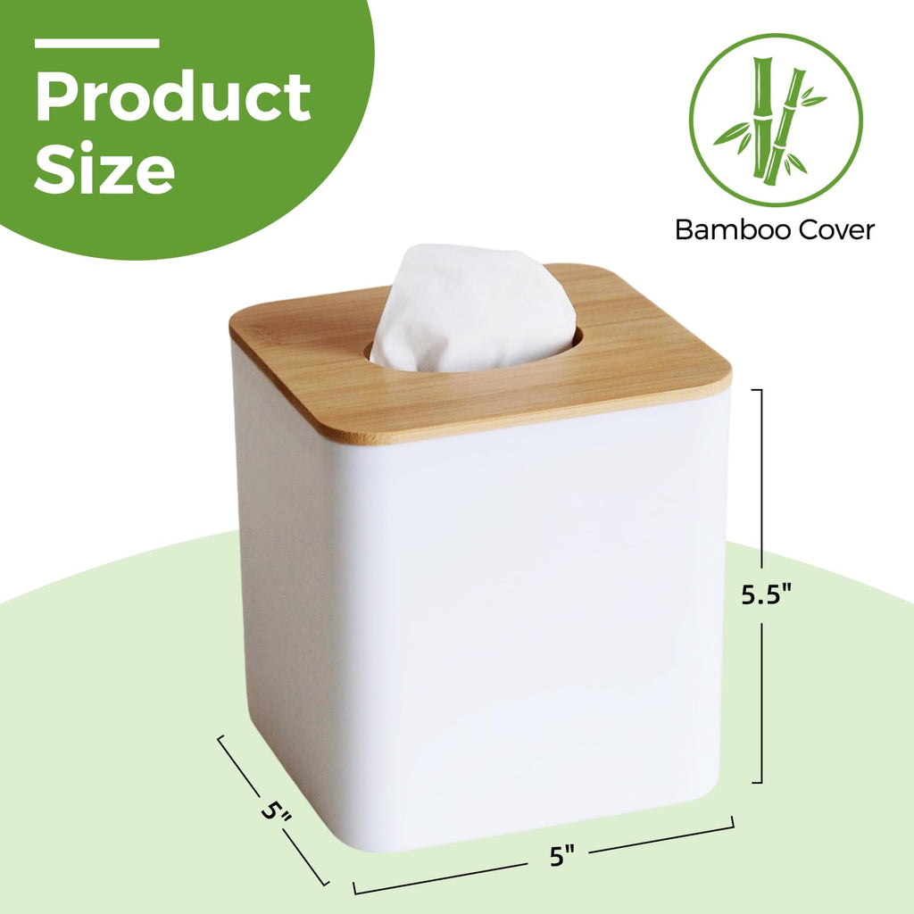 Tissue Box Cover Square, White Tissue Box Holder with Bamboo Cover Plate, Cube Tissue Box Cover for Desk Accessories, Tissue Holders Decorative Square Tissue Box Tissue Holders for Bathrooms Bedrooms