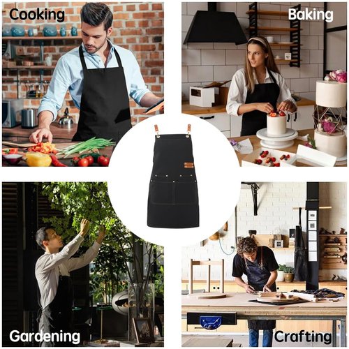 NALVIEVANA Kitchen Aprons Chef Apron for Men & Women, Black waterproof apron with 4 pockets，Adjustable Canvas Kitchen cooking Aprons for BBQ，Baking ，Coffee House& Restaurant.