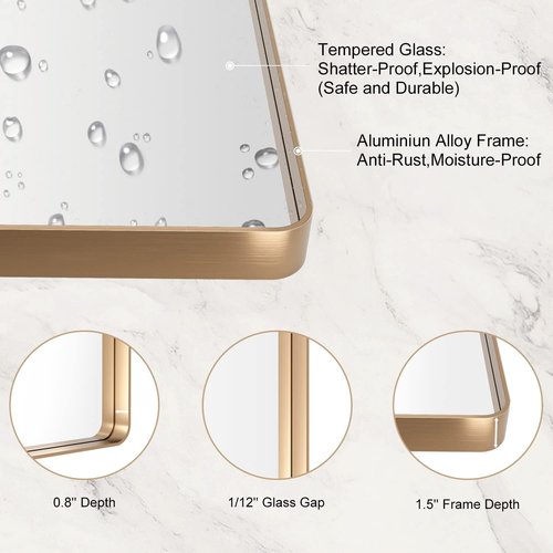 LOAAO Gold Bathroom Mirror - 28”X36” Rounded Rectangle Design | Wall-Mounted, Anti-Rust Tempered Glass