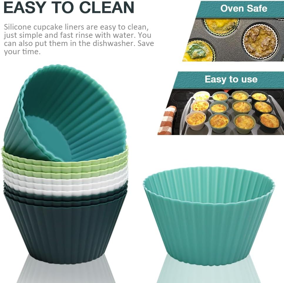 Skiennix Extra Large Silicone Muffin Cups - 12 Pcs Reusable Baking Liners, 3.54 Inch, Easy to Clean | Green & White