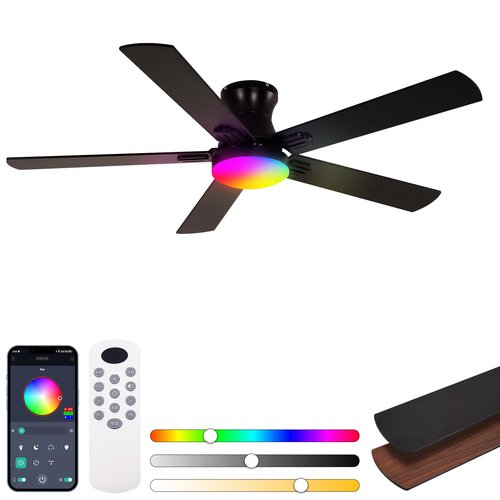 Teracfan 52 Inch Black Ceiling Fans with Lights, RGB Ceiling Fan with Remote and App,Flush Mount Low Profile, Dimmable 35W LED, Reversible, Smart Ceiling Fan for Bedroom Nursery Living Room Apartment