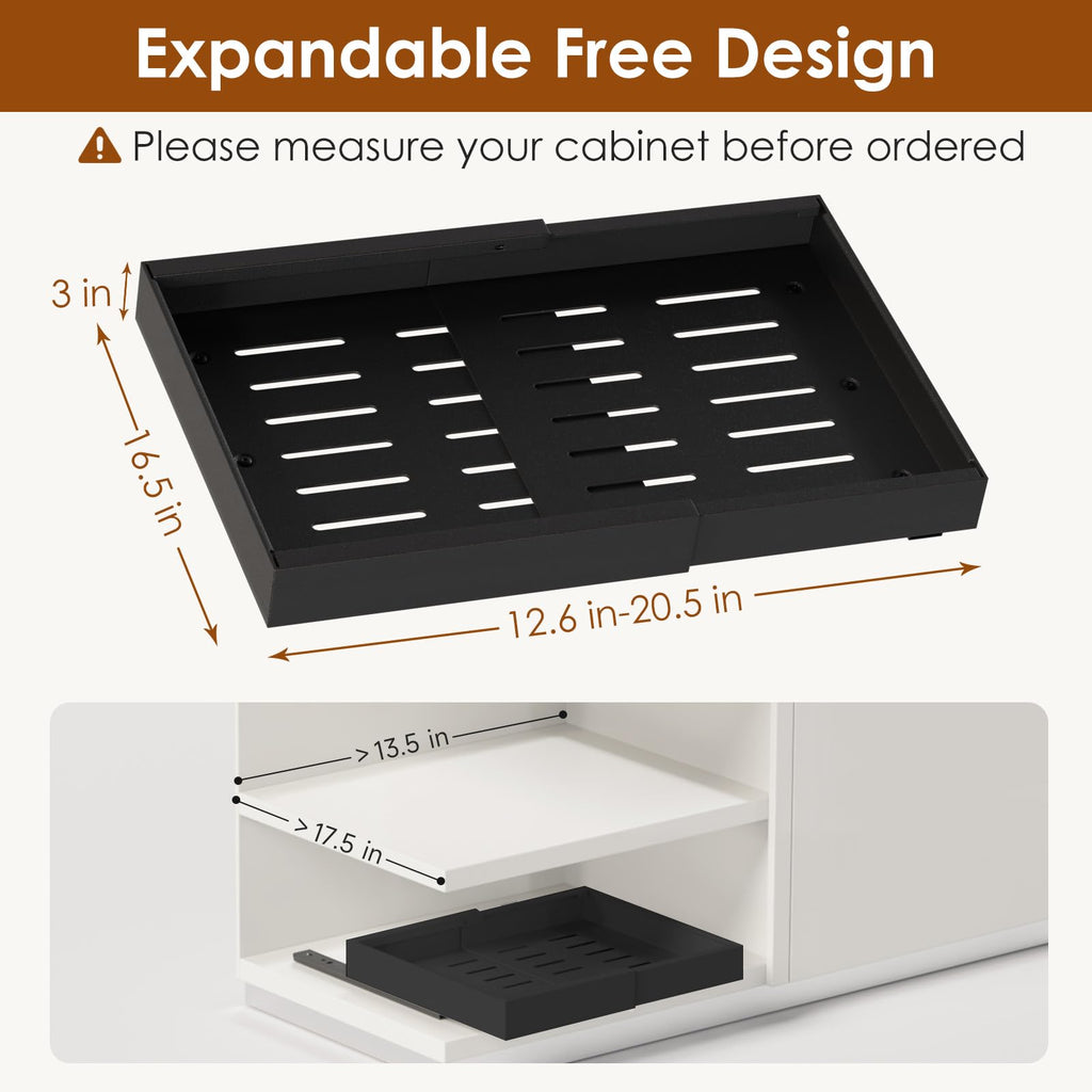 Landmok 2 Pack Expandable Pull Out Cabinet Organizer 16.5" Deep, Adjustable Width 12.6"-20.5", No Drill Adhesive with Triple Track Rails, Heavy Duty Slide Out Drawers for Kitchen,Pantry,Cabinets,Black