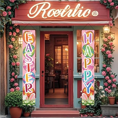 Easter Door Banner Porch Sign - Pink Bunny & Egg Spring Decor