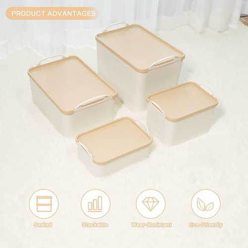ANMINY Plastic Storage Bins - 5PCS Large Lidded Containers for Closet & Desktop Organization | Wheat Lids
