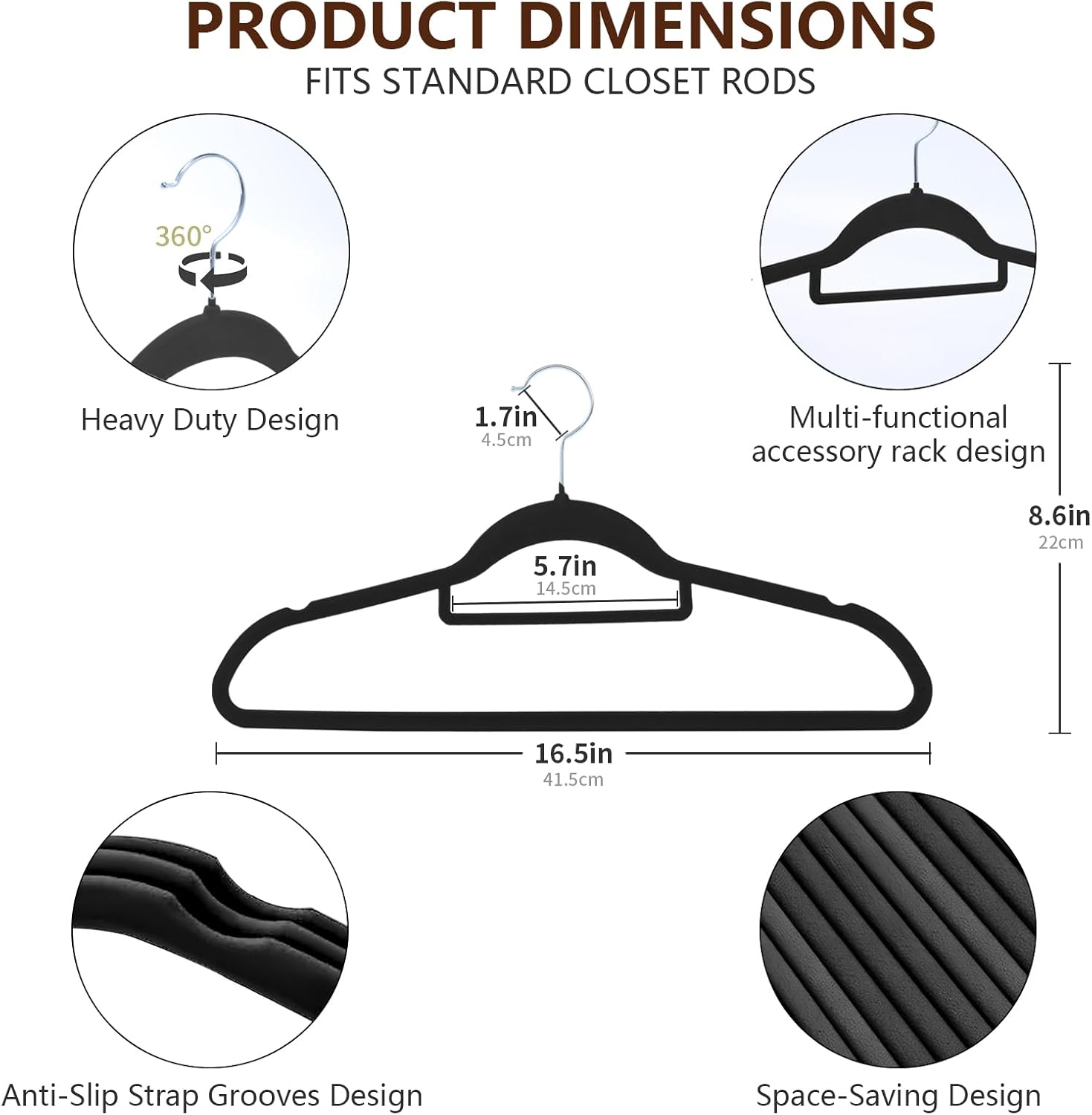 Skiennix Velvet Hangers - 50 Pack Heavy Duty Non-Slip Space Saving Coat Hangers | 360° Rotating Hook (Black)