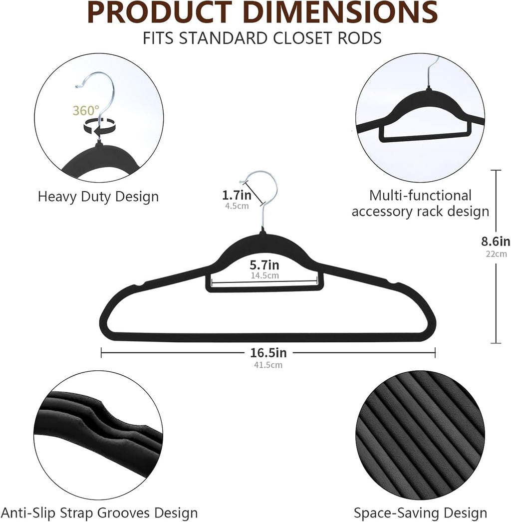 Skiennix Slim Non-Slip Black Velvet Hangers - Space-Saving Heavy Duty Felt with 360° Swivel Hooks | 50 Pack