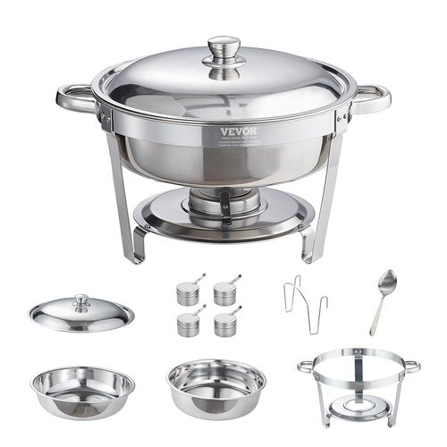 VEVOR Chafing Dish Buffet Set, 5 Qt 4 Pack, Stainless Steel Chafer with Full Size Pan, Round Catering Warmer Server with Lid Water Pan Stand Fuel Holder Cover Holder Spoon, for at Least 6 People Each
