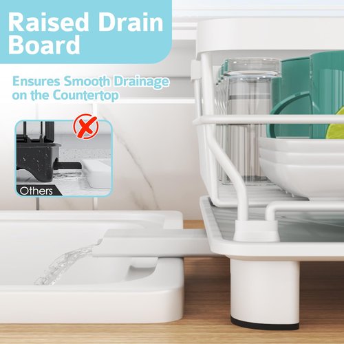 Ricobes Dish Drying Rack - Space Saving Dish Rack - Dish Racks for Kitchen Counter with Drainboard,Rustproof Dish Drainer with Removable Utensil Holder,White