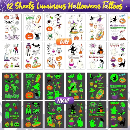 Leesgel 12 Sheets Luminous Halloween Temporary Tattoos for Kids