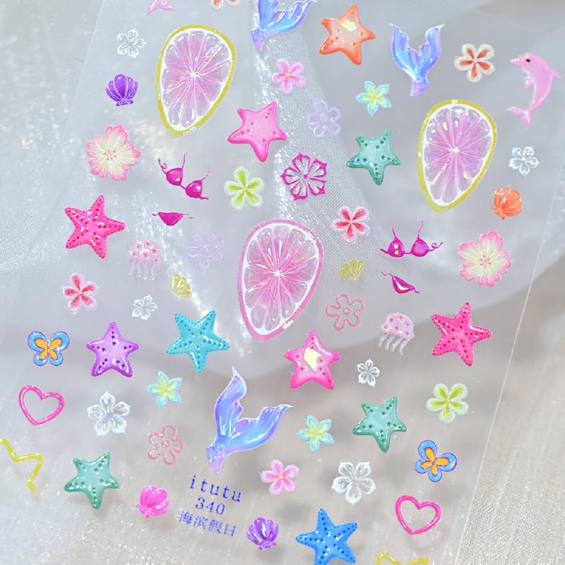 Quezadyl 5D Embossed Starfish & Flower Nail Stickers - 2 Sheets Summer Ocean Decals