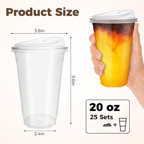GGOLDMER 20 oz Disposable Plastic Cups - Clear Iced Coffee Cups with Strawless Sip Lids | 25 Sets