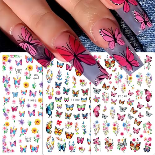 CHANGAR Flower Nail Art Stickers - 8 Sheets Colorful Floral Butterfly Decals