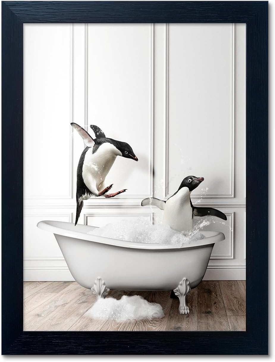 Skiennix Kids Bathroom Decor - Cute Penguin Canvas Print | Funny Black & White Wall Art