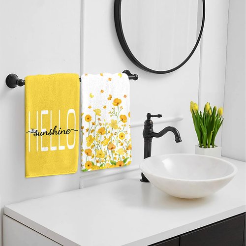 LIOQUN Yellow Flower Summer Hand Towel Set of 2, Hello Sunshine Hand Towels, 18x26 Inch, Daisy Flower Towel for Bathroom Home Kitchen, Soft Towel Spring Summer Holiday Decoration