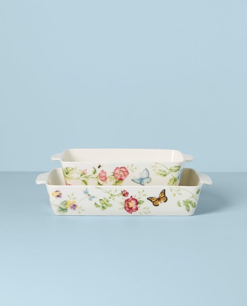Lenox Butterfly Meadow Rectangular Baker Set - 2-Piece, 9.7-Inch, Colorful Floral Design