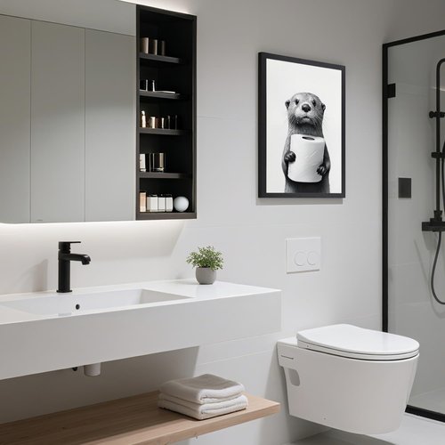 LLEEMPI Otter Toilet Paper Wall Art - Modern Minimalist Black & White Canvas Print | 12x16 Inch Framed Decor