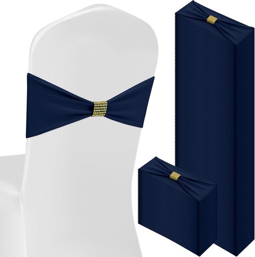 Hahafelt Spandex Chair Sashes with Rhinestone Buckle - 100 Pcs Navy Blue Bowknot Ties for Events