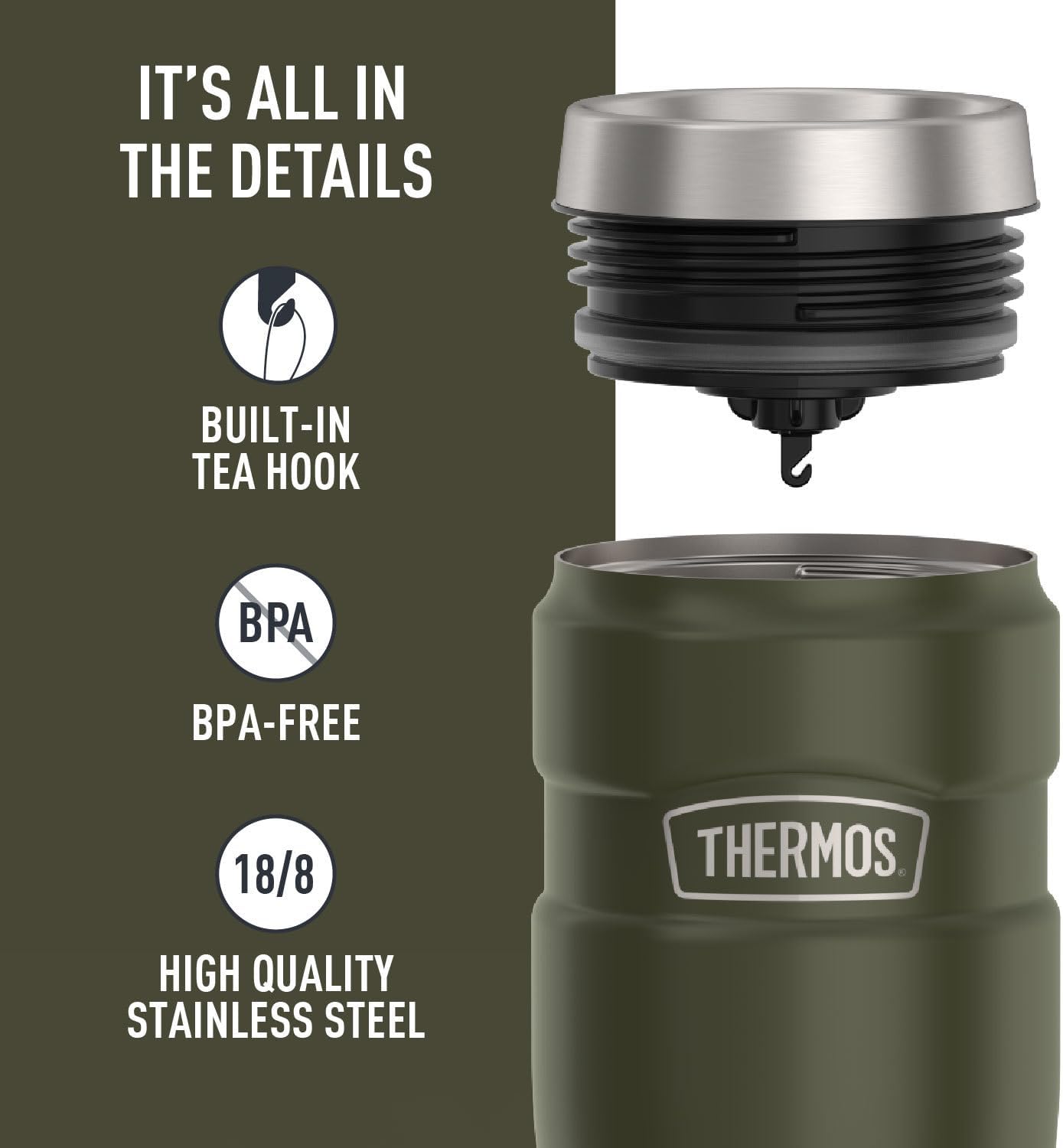 THERMOS Stainless King Vacuum-Insulated Tumbler - 16oz Army Green | Leak-Proof Coffee Cup for Hot & Cold Drinks
