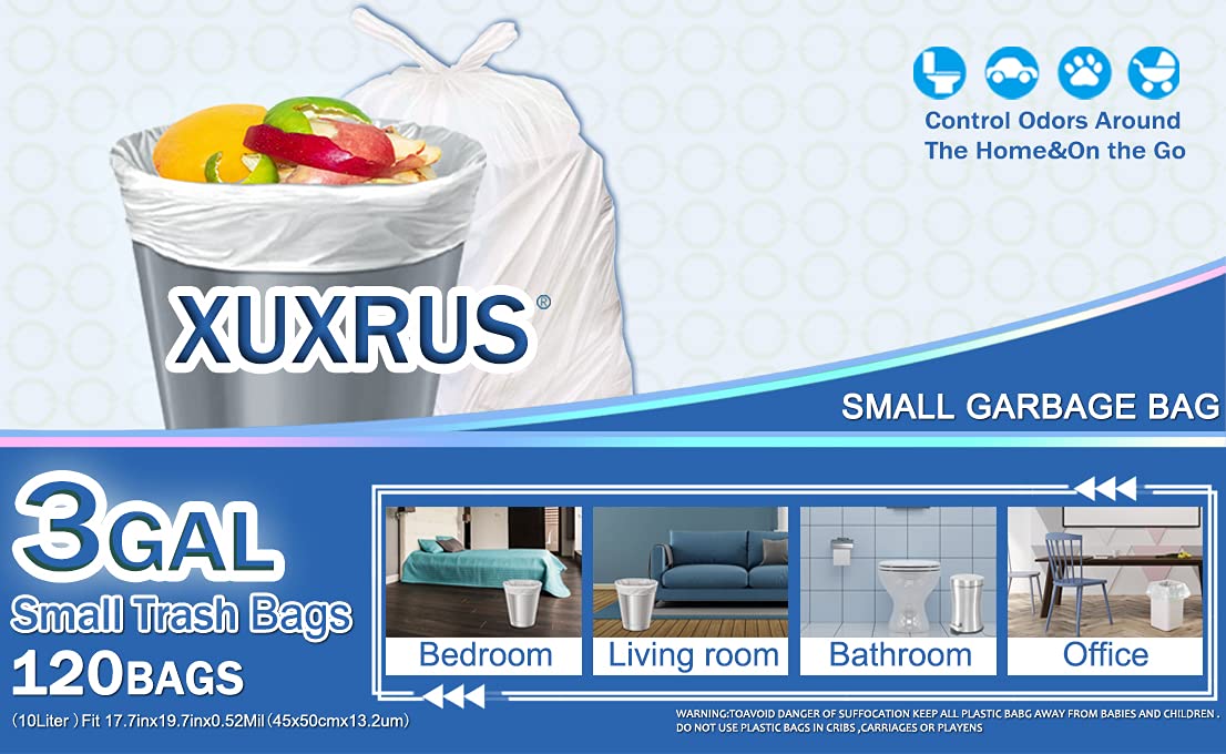 XUXRUS Bathroom Small Trash Bags 3 Gallon Garbage Bags for Home Office,120 Count,White,Fits 2-3 Gallon Bins