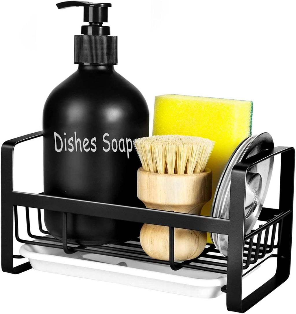 TEZZ Stainless Steel Sponge Holder - Kitchen Sink Caddy for Organizing Sponges, Brushes & Soap | Black
