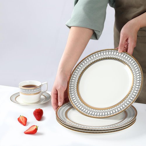 YEWUDHOM Porcelain Plates,Ceramic Dinner Plates Set of 4,Plate Set for 4 Dinning Kitchen,Golden Thread Pattern Steak Salad Plate Set for Home Restaurant Utensils,10.5" Large,White and Gold