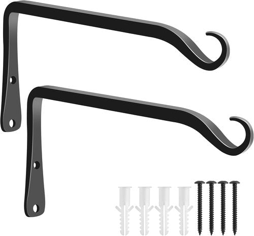 Feed Garden 8-Inch Decorative Hanging Plant Brackets - 2 Pack Wall Hooks for Outdoor Use | Black
