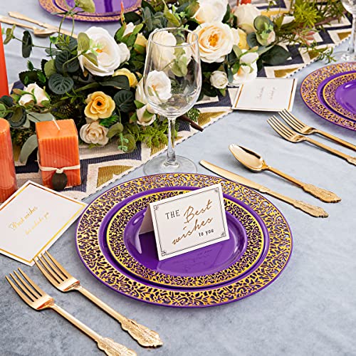 Purple Silver Plastic Dinner Plates with Gold Rim & Silverware Set – 150pcs