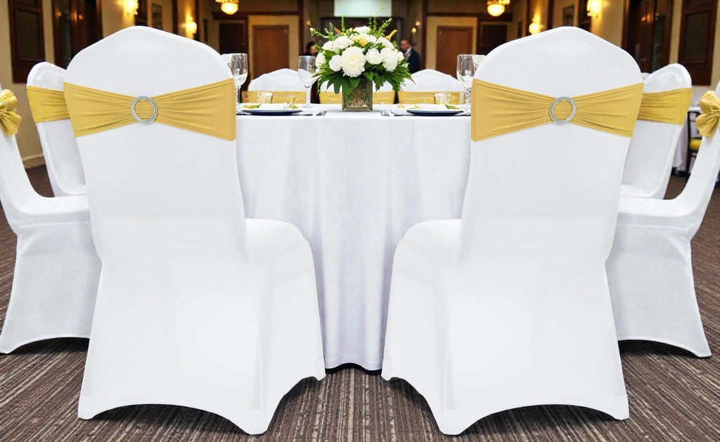 MDS Mega Decor Supply Chair Sashes - 100 Pack Gold Spandex Stretch Covers with Buckle Slider for Weddings & Events