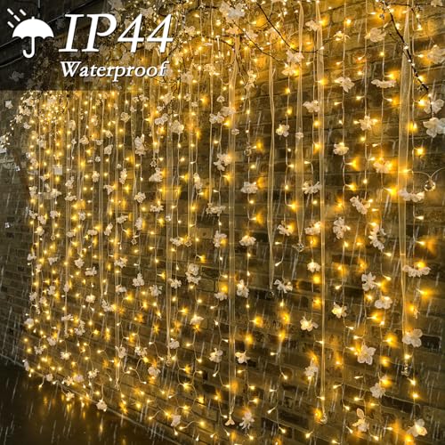 200 LED Warm White Curtain Fairy Lights 9.8x6.6FT with Remote & Hooks - Plug In