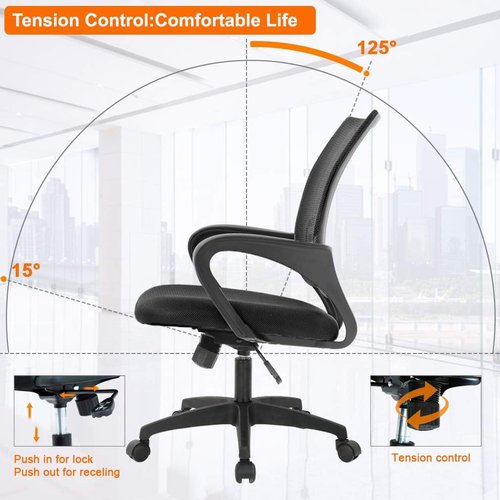 BestOffice Ergonomic Office Chair - Mid-Back Swivel Desk Chair with Breathable Backrest & Lumbar Support - Adjustable Height, Sponge Seat, Rolling Wheels - Black for Adults & Women
