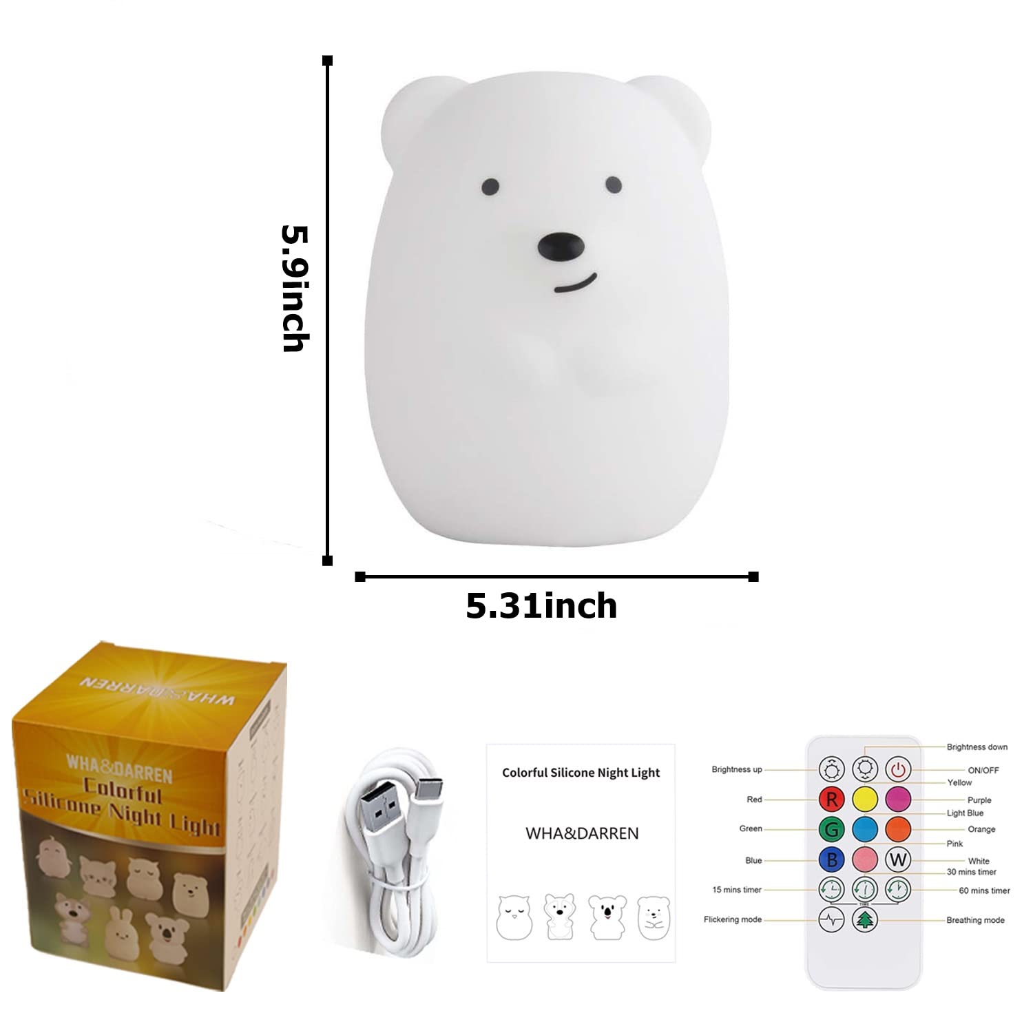 WHA&DARREN Large Owl Night Light for Kids,Cute Baby Night Light, Silicone Bedside Lamp, Sleep Lights, Eye Caring, Adjustable Brightness & Color, Time Setting, Touch+Remote Control