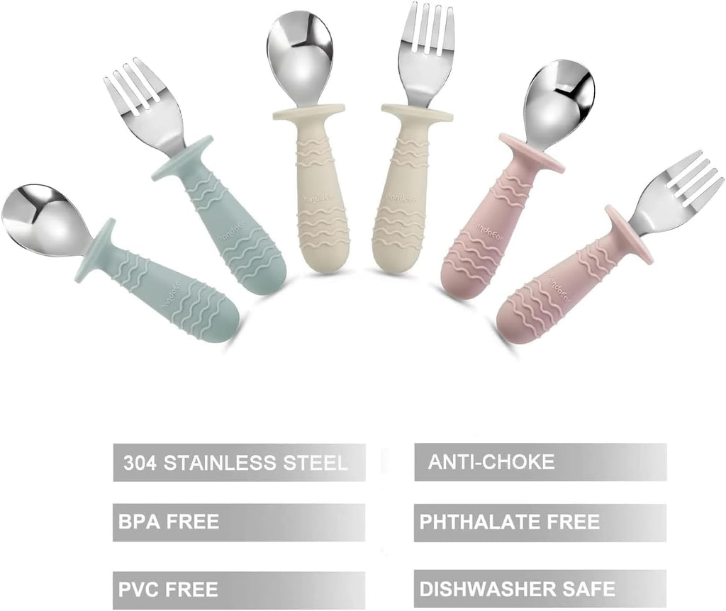 PandaEar Baby Toddler Utensils Set - 6-Piece BPA-Free Silicone & Stainless Steel Silverware | Blue, Pink, White