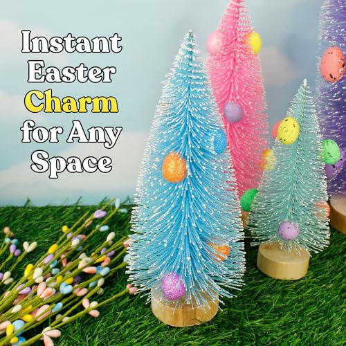 Needzo Blue Easter Bottle Brush Trees with Sparkly Eggs - 8 Inch 3-Pack