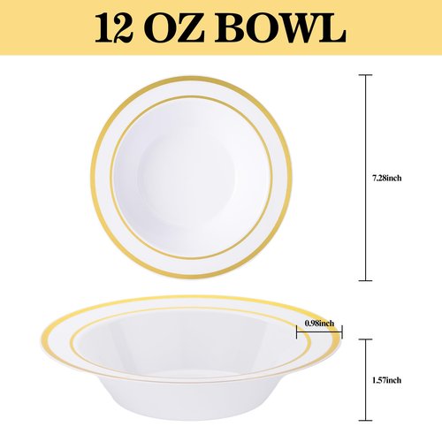realluck 50 Pack Disposable Soup Bowls with Gold Rim,12oz Disposable Soup Bowls,Disposable Soup Dessert Salad Bowls for Wedding/Party/Catered Events